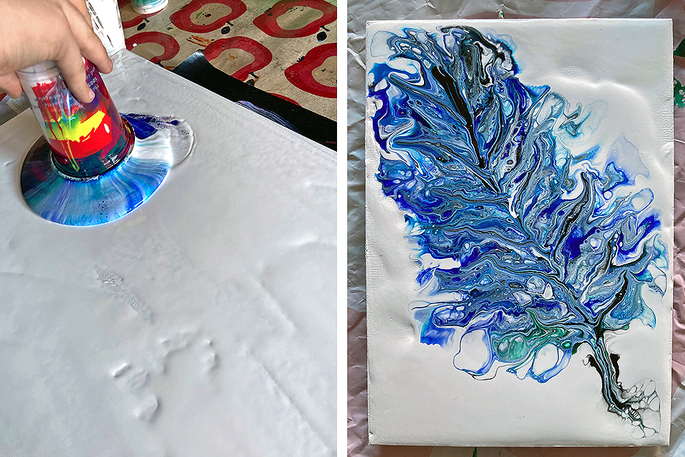 photo on the left shows primed canvas with upturned paint pot
photo on right shows a canvas with an uneven primed surface