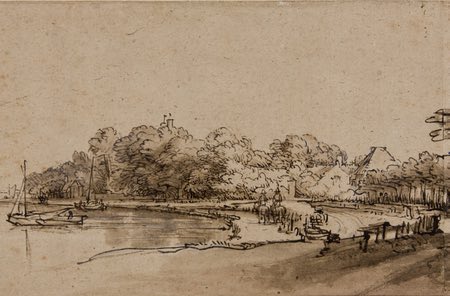 A bend in the River Amstel near Kostverloren House, Rembrandt van Rijn, pen and brown ink drawing, with wash