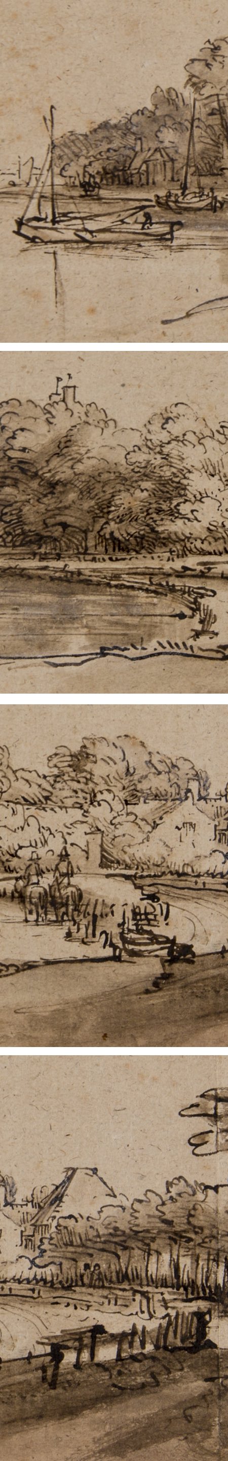 A bend in the River Amstel near Kostverloren House, Rembrandt van Rijn, pen and brown ink drawing, with wash (details)