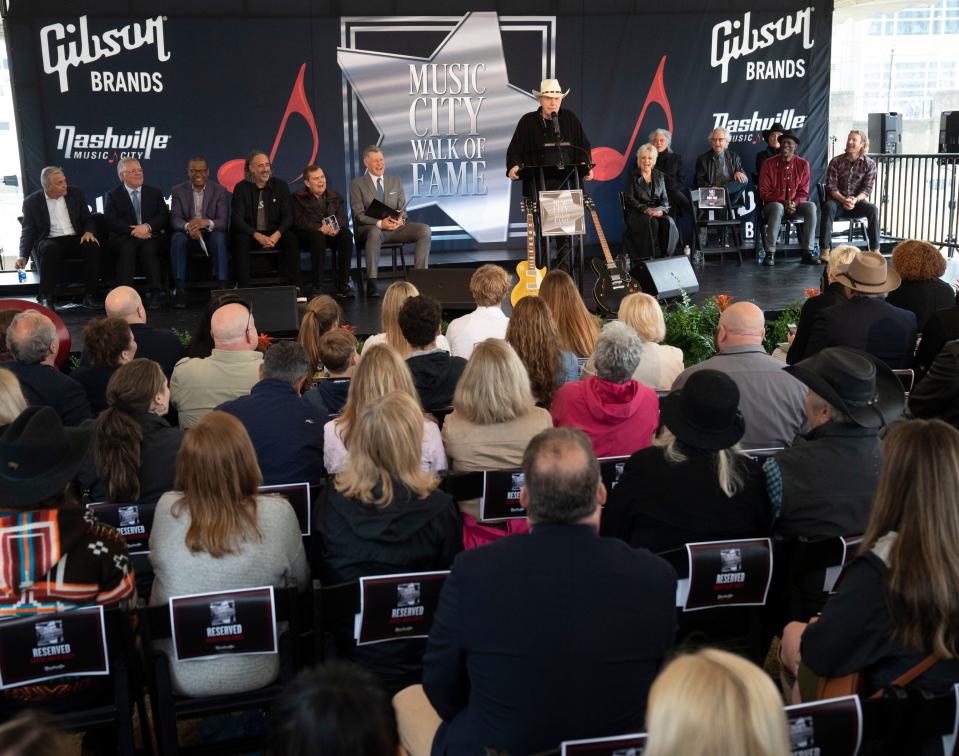 Bobby Bare addresses the audience during the Music City Walk of Fame Induction Ceremony at Walk of Fame Park Tuesday, April 5, 2025 in Nashville, Tenn.