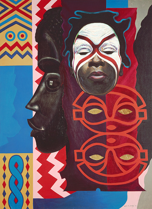 Colorful painting by Lois Mailou Jones featuring a young African girl in face paint, with depictions of masks and decoration in the background