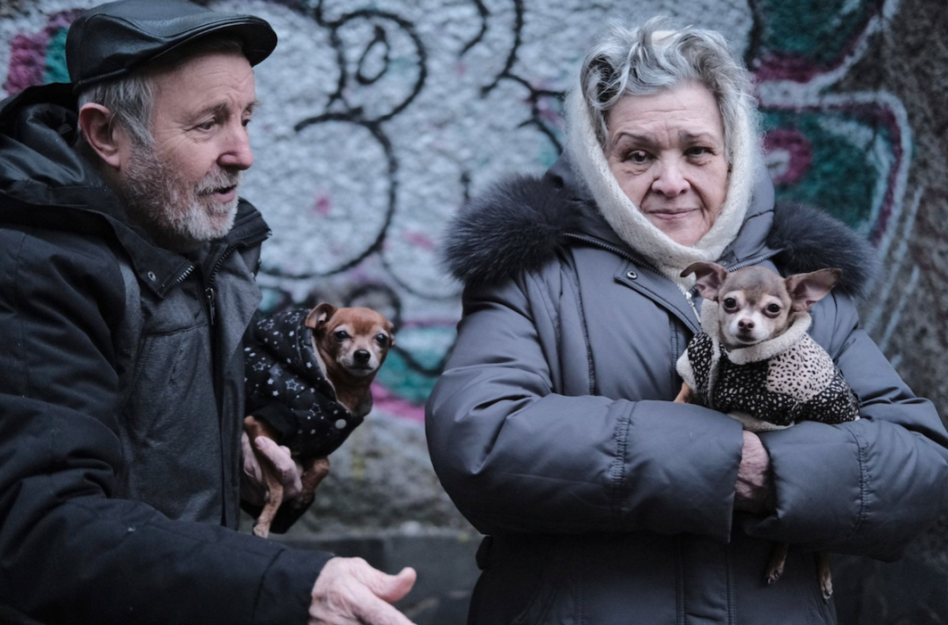 In town I met a couple, both eighty-five years old, and their two dogs. Alongside four of their relatives, who are also refugees, they are staying with their young grandchildren in a small apartment in Kyiv.