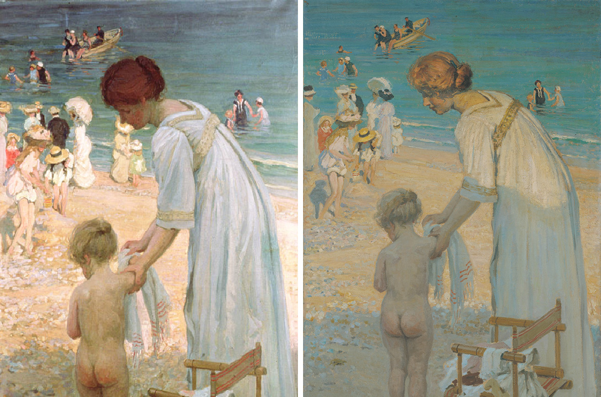 Left: The bathing hour (detail) 1909 / Oil on canvas / 180 x 112 cm / Collection: Castlemaine Art Museum / Right: Bathing hour (L'heure du bain) (detail) c.1909 / Oil on canvas / 183.5 x 113.3cm / Collection: Queensland Art Gallery | Gallery of Modern Art