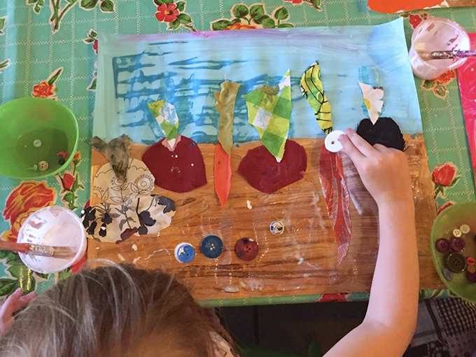 Make above ground/below ground veggie collages with kids using paper and fabric scraps.