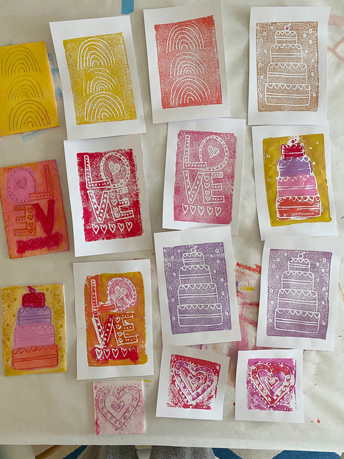 Printmaking using repurposed styrofoam trays.